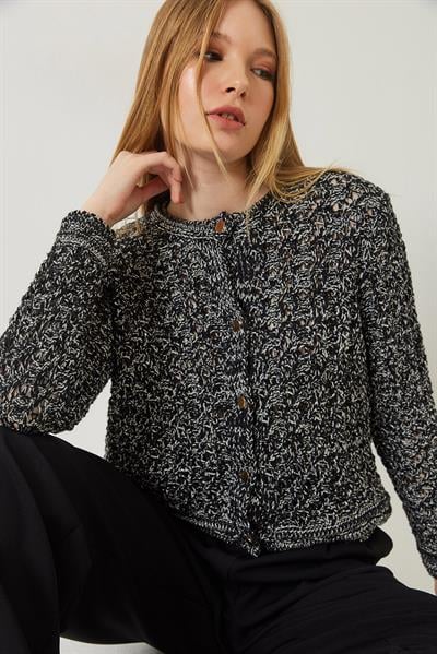 Ajurlu Simli Triko Hırka 20246243 - Siyah-Antrasit