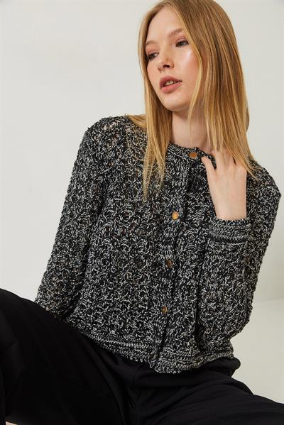 Ajurlu Simli Triko Hırka 20246243 - Siyah-Antrasit