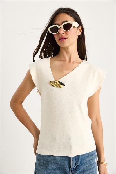 Kadın Aksesuar Detaylı Düşük Omuz Triko Bluz 20251023 - Ekru