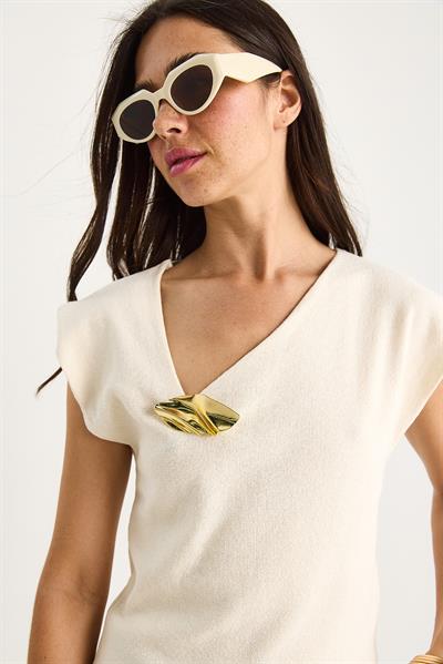 Kadın Aksesuar Detaylı Düşük Omuz Triko Bluz 20251023 - Ekru