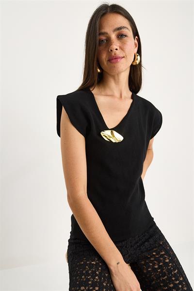 Kadın Aksesuar Detaylı Düşük Omuz Triko Bluz 20251023 - Siyah