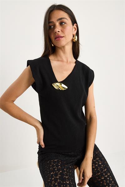 Kadın Aksesuar Detaylı Düşük Omuz Triko Bluz 20251023 - Siyah