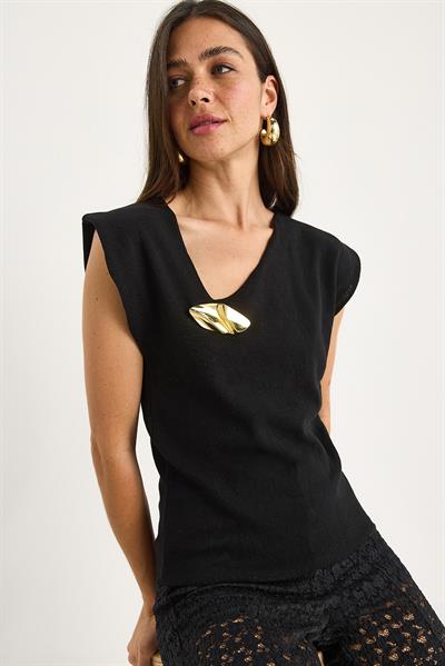 Kadın Aksesuar Detaylı Düşük Omuz Triko Bluz 20251023 - Siyah
