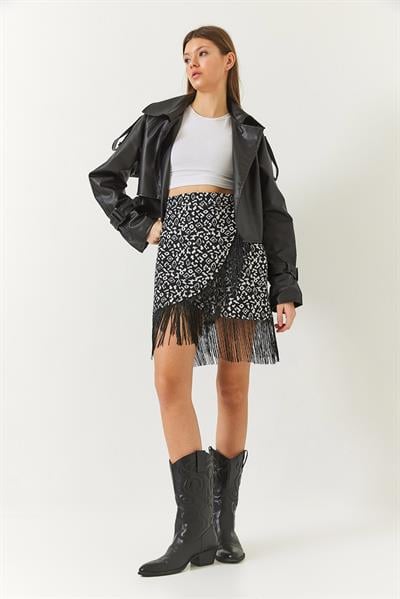 Kadın Anvelop Detaylı Desenli Püsküllü Etek DE380038 60261432 - Siyah