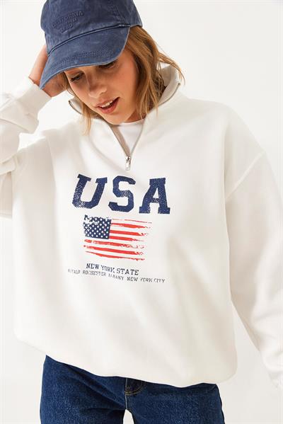 Kadın arım Fermuarlı USA Baskılı Dik Yaka Sweatshirt 60251880 - Beyaz