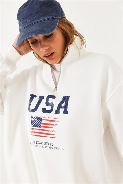 Kadın arım Fermuarlı USA Baskılı Dik Yaka Sweatshirt 60251880 - Beyaz