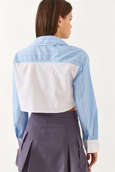 Kadın Asimetrik Çizgili Manşet Detaylı Crop Gömlek 4451 60251915 - Bebe Mavisi