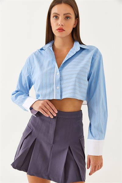 Kadın Asimetrik Çizgili Manşet Detaylı Crop Gömlek 4451 60251915 - Bebe Mavisi
