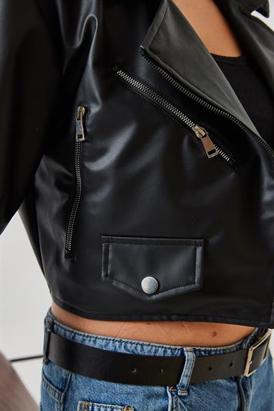 Asimetrik Fermuar Detay Deri Ceket 2486 60351271 - Siyah