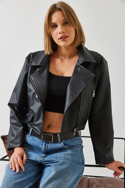 Asimetrik Fermuar Detay Deri Ceket 2486 60351271 - Siyah