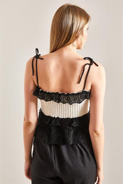 Kadın Askılı Dantel Ajurlu Triko Bluz 20234108 - Siyah