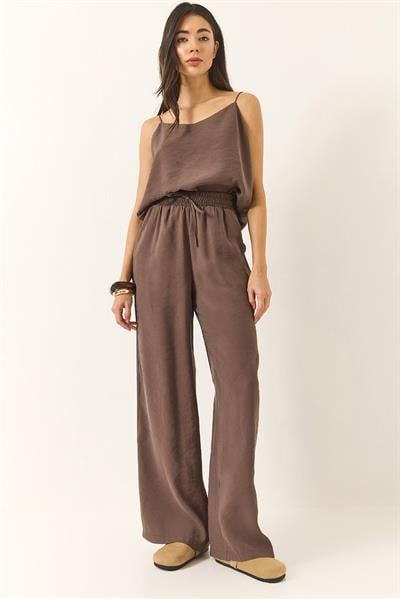 Kadın Askılı Dokuma Modal Bluz Pantolon Alt-Üst Takım 9298 60281024 - Kahve