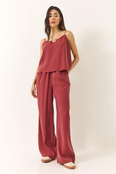 Kadın Askılı Dokuma Modal Bluz Pantolon Alt-Üst Takım 9298 60281024 - Bordo