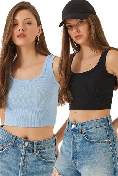 Kadın Askılı Fitilli Kaşkorse Bluz 60201025 - Bebe Mavi - Siyah