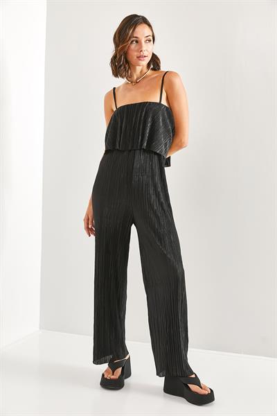 Askılı Pliseli Saten Tulum 6030 - Siyah