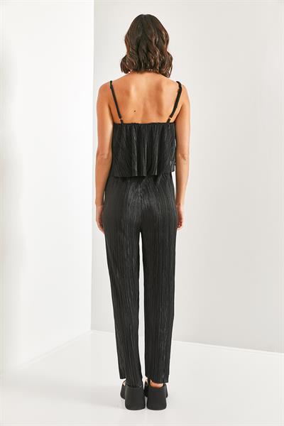 Askılı Pliseli Saten Tulum 6030 - Siyah