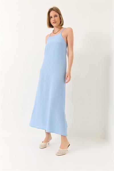 Kadın Askılı Yırtmaç Detaylı Uzun Keten Elbise 439 60283174 - Bebe Mavisi