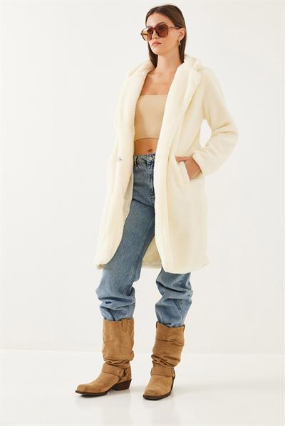 Kadın Astarlı Cepli Peluş Mont 2427 60351029 - Bej
