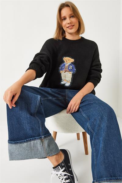 Kadın Ayıcık Baskılı Oversize Triko Kazak 60261131 - Siyah