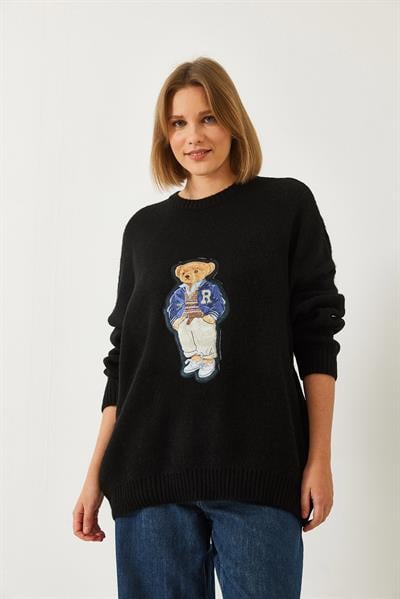 Kadın Ayıcık Baskılı Oversize Triko Kazak 60261131 - Siyah