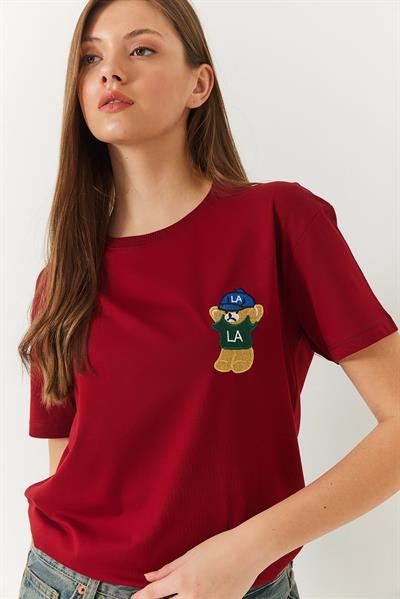Kadın Ayıcık Baskılı Tshirt 60602007 - Bordo