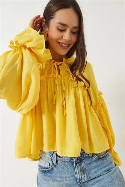 Kadın Bağlama Detaylı Balon Kol Salaş Gofre Bluz 252 60282002 - Sarı