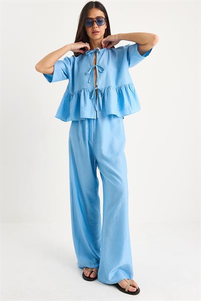 Kadın Bağlama Detaylı Kısa Kollu Bluz Pantolon Alt-Üst Takım 9265 60281014 - Bebe Mavisi