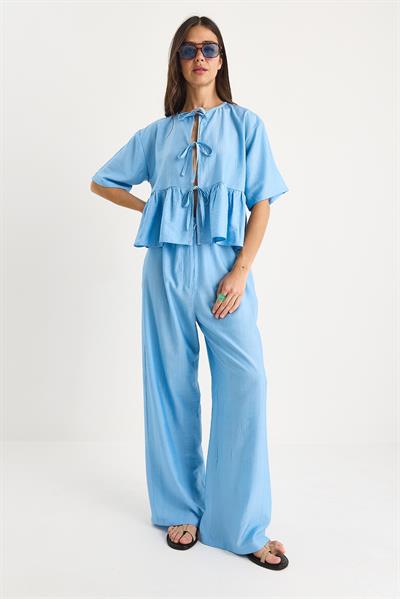 Kadın Bağlama Detaylı Kısa Kollu Bluz Pantolon Alt-Üst Takım 9265 60281014 - Bebe Mavisi