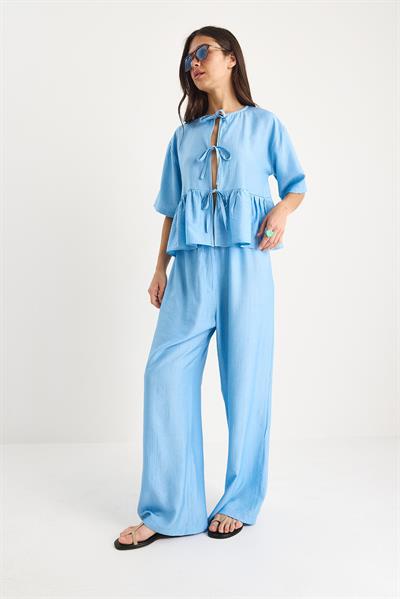 Kadın Bağlama Detaylı Kısa Kollu Bluz Pantolon Alt-Üst Takım 9265 60281014 - Bebe Mavisi