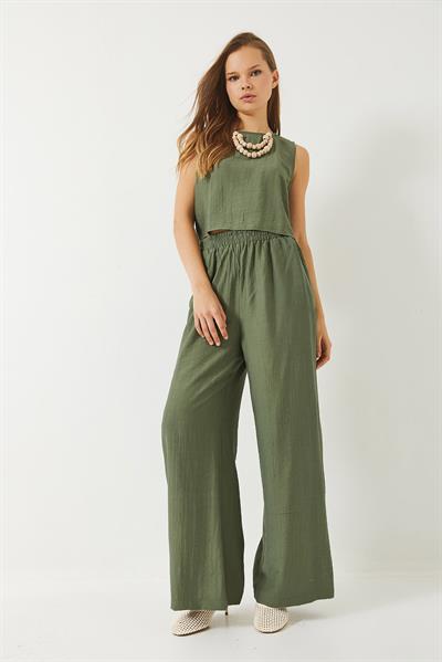 Kadın Bağlama Detaylı Yelekli Yüksek Bel Pantolonlu Yazlık Alt-Üst Takım 9310 60281013 - Haki