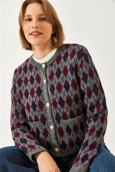 Baklava Desenli Cepli Triko Hırka 20247581 - Antrasit-Bordo