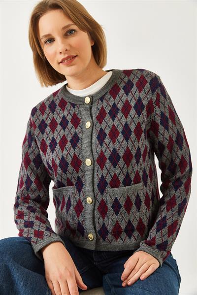 Baklava Desenli Cepli Triko Hırka 20247581 - Antrasit-Bordo