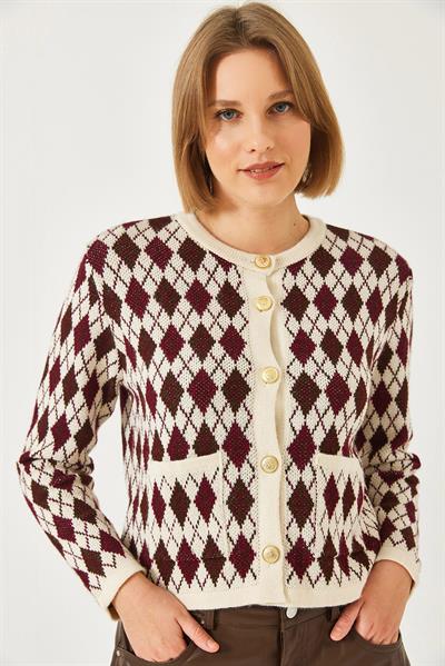 Baklava Desenli Cepli Triko Hırka 20247581 - Bordo-Kahverengi