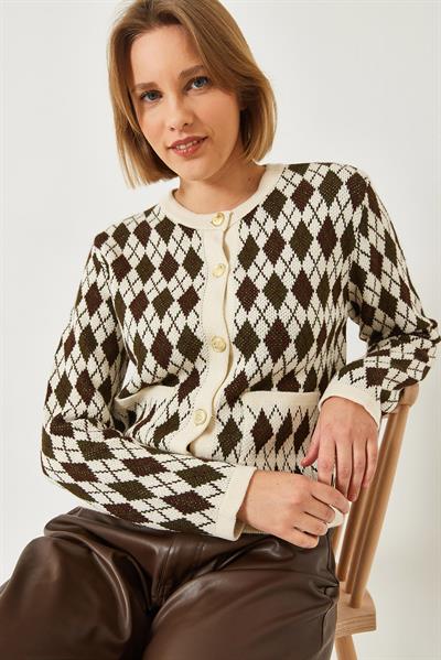 Baklava Desenli Cepli Triko Hırka 20247581 - Kahverengi-Haki