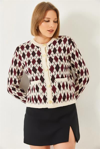 Baklava Desenli Cepli Triko Hırka 20247581 - Bordo-Siyah