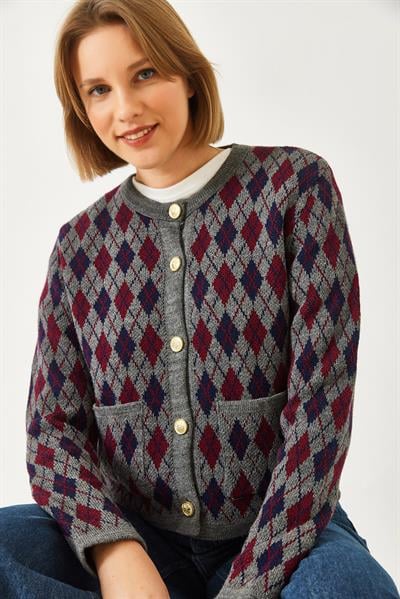 Baklava Desenli Cepli Triko Hırka 20247581 - Antrasit-Bordo