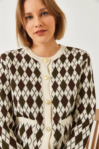 Baklava Desenli Cepli Triko Hırka 20247581 - Kahverengi-Haki