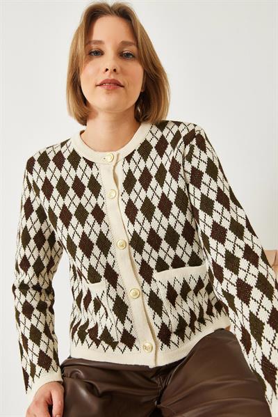 Baklava Desenli Cepli Triko Hırka 20247581 - Kahverengi-Haki