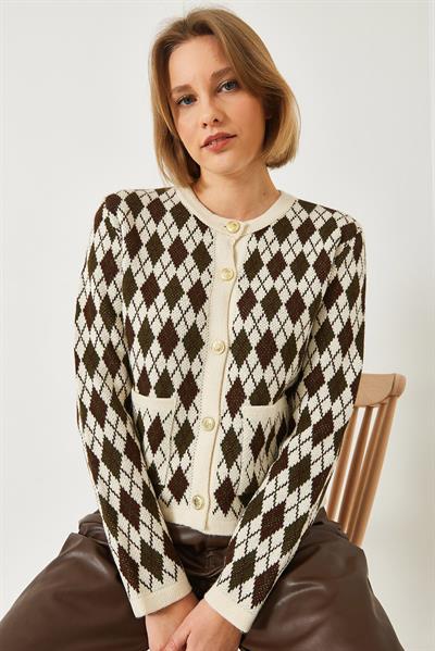 Baklava Desenli Cepli Triko Hırka 20247581 - Kahverengi-Haki