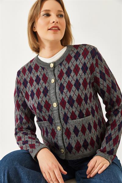 Baklava Desenli Cepli Triko Hırka 20247581 - Antrasit-Bordo