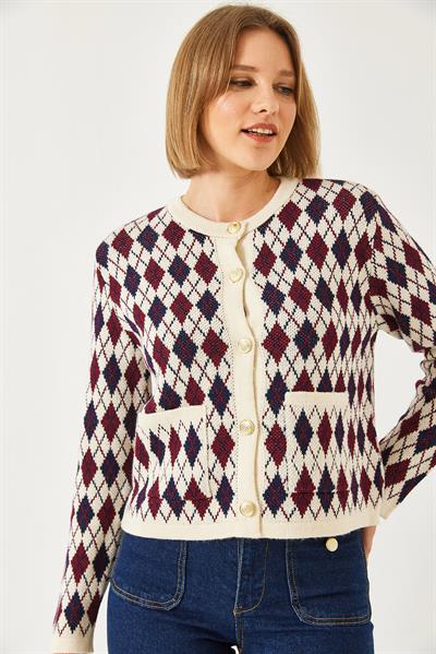 Baklava Desenli Cepli Triko Hırka 20247581 - Bordo-Lacivert