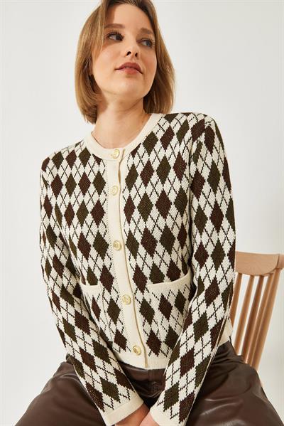 Baklava Desenli Cepli Triko Hırka 20247581 - Kahverengi-Haki