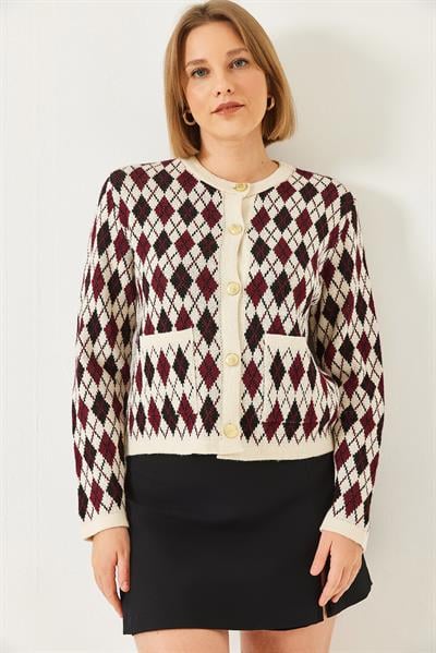 Baklava Desenli Cepli Triko Hırka 20247581 - Bordo-Siyah