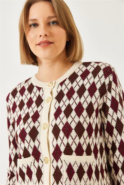 Baklava Desenli Cepli Triko Hırka 20247581 - Bordo-Kahverengi