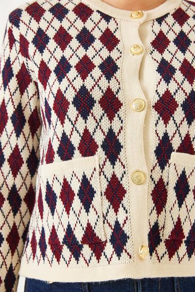 Baklava Desenli Cepli Triko Hırka 20247581 - Bordo-Lacivert