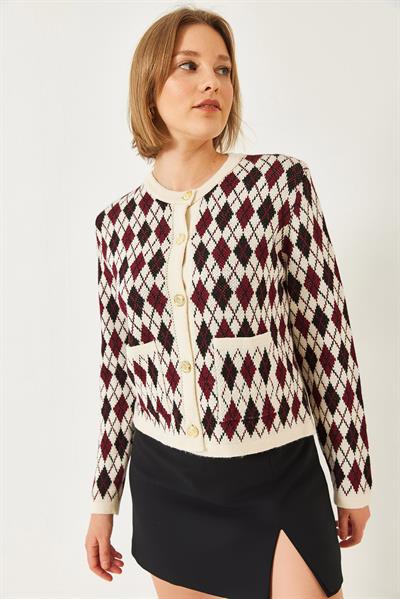 Baklava Desenli Cepli Triko Hırka 20247581 - Bordo-Siyah