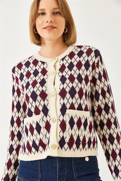 Baklava Desenli Cepli Triko Hırka 20247581 - Bordo-Lacivert