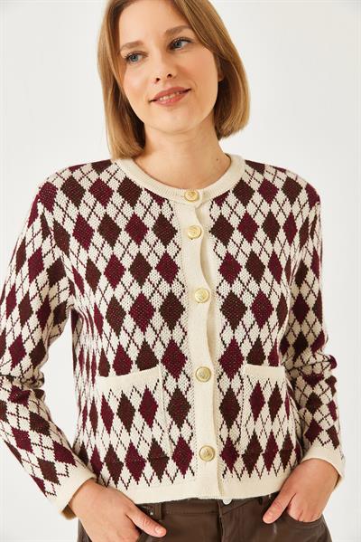 Baklava Desenli Cepli Triko Hırka 20247581 - Bordo-Kahverengi