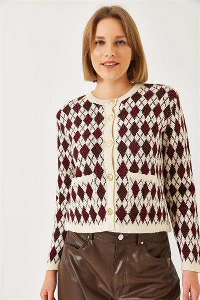 Baklava Desenli Cepli Triko Hırka 20247581 - Bordo-Kahverengi