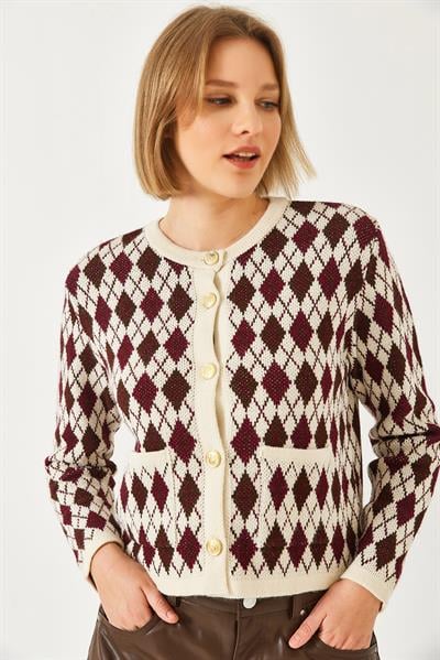 Baklava Desenli Cepli Triko Hırka 20247581 - Bordo-Kahverengi